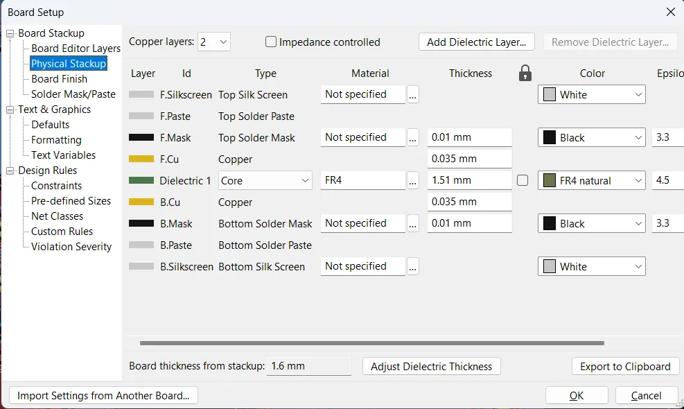 My Kicad Board Setup Settings